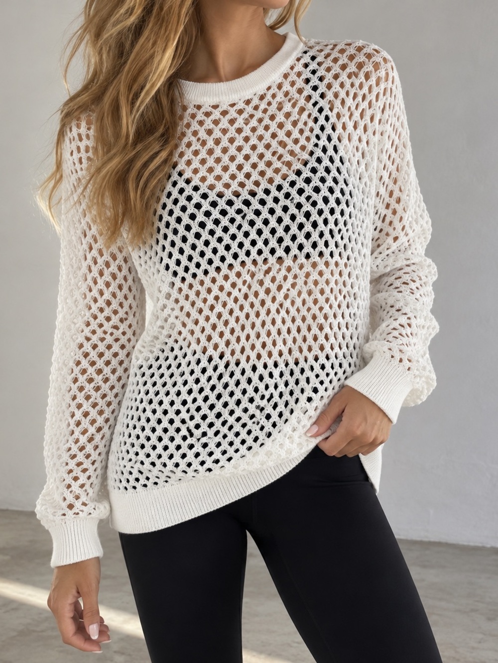 DKNY White Ivory Open Knit Mesh Sweater Size S 100% Cotton NWT